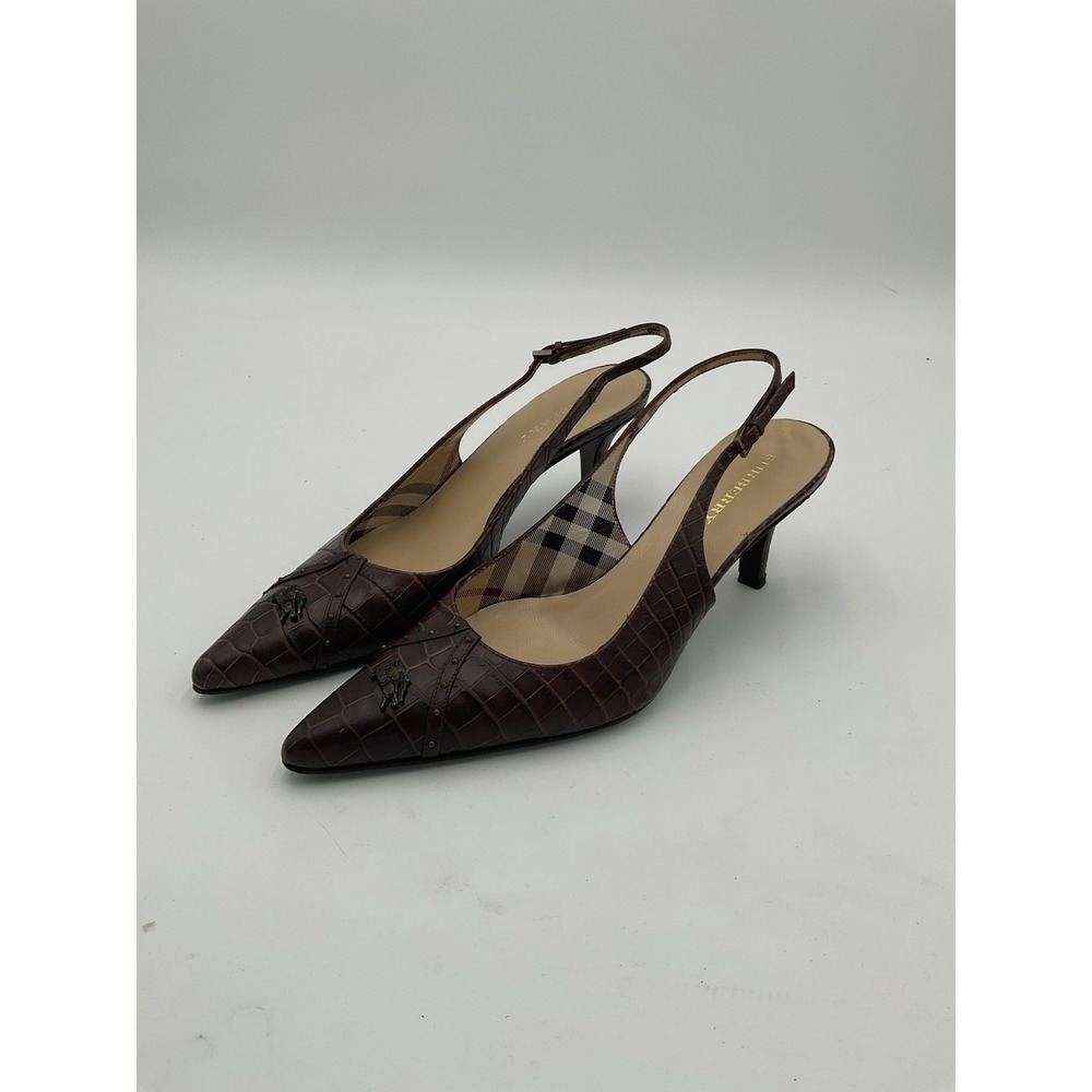 Burberry Vintage Slingback Heels Brown Alligator Plaid Interior Size 36.5
